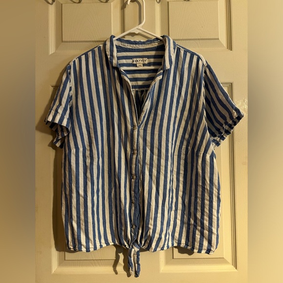 AVA VIV plus size top, size 2X, blue, white stripes, front tie knot - Picture 1 of 6